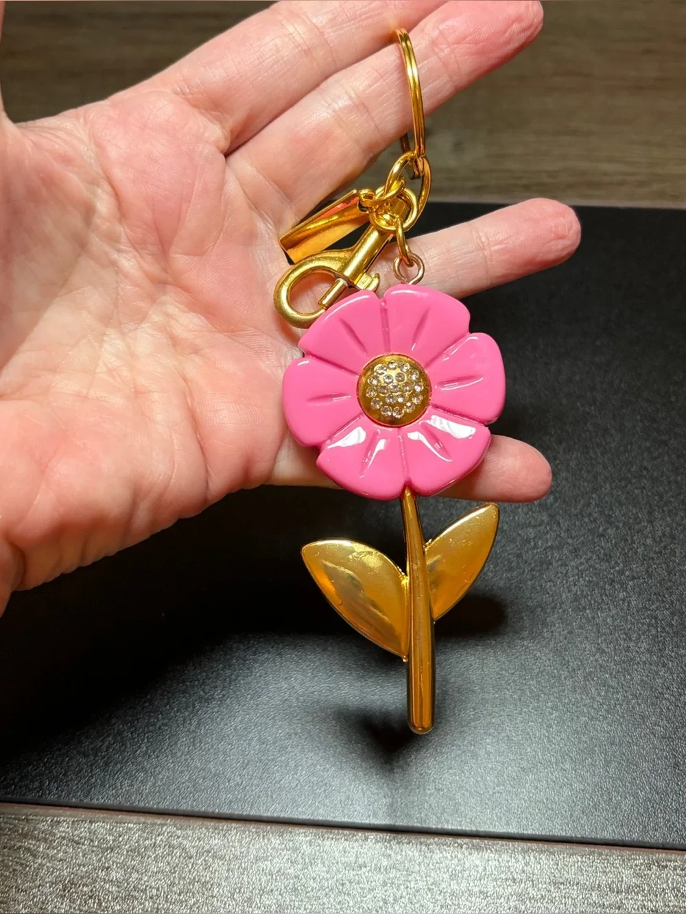 Pink Flower Keychain with Gold Stem and Crystal Center